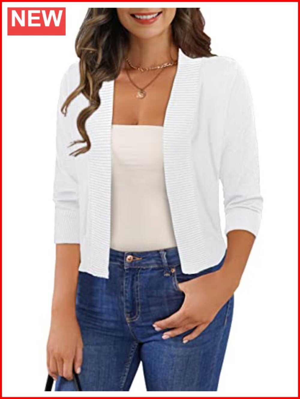 3/4 Sleeve Cropped Cardigan Shrug Open Front Rib Knit Viscose Nylon